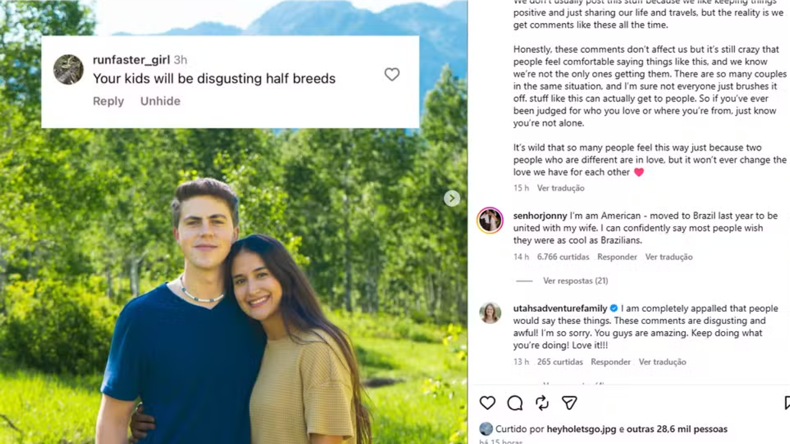 Brasileira viraliza ao expor comentários xenofóbicos recebidos após publicar fotos com marido americano