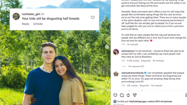 Brasileira viraliza ao expor comentários xenofóbicos recebidos após publicar fotos com marido americano