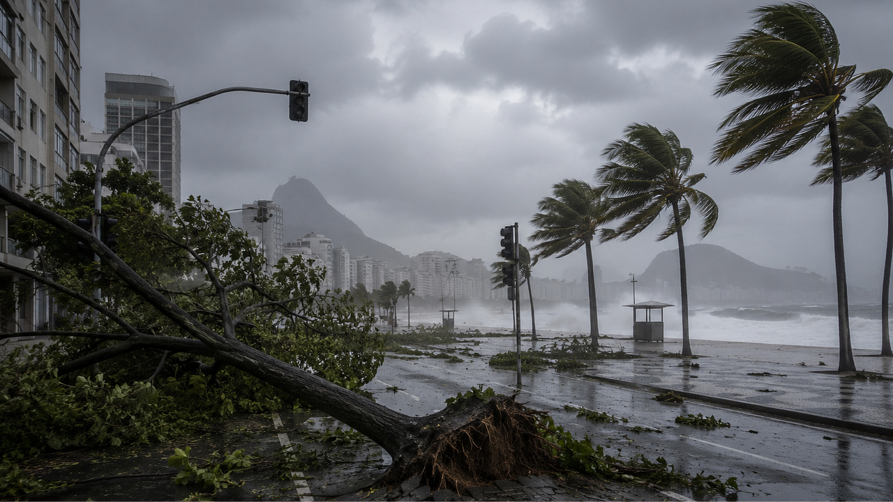 Tempestade com ventos acima de 100 km/h deixa mortos, causa apagões e provoca transtornos no Rio de Janeiro